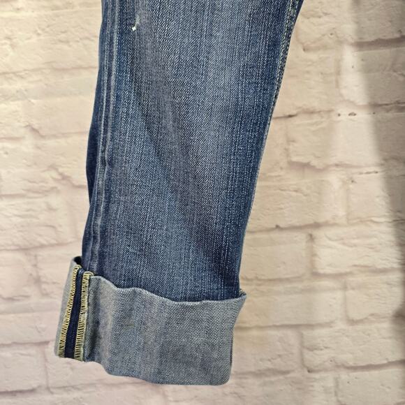 L Taverniti SO Y2K Rolled Cuff Cropped Blue Denim Jeans Size 27 Patchwork Paint - Picture 3 of 10